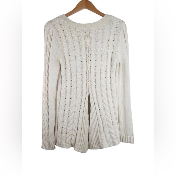 Cabi Women Cable Knit Sweater Lace Up Back in Cream Size Medium - Picture 2 of 6